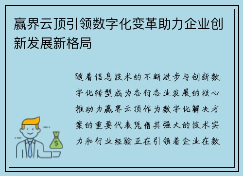 赢界云顶引领数字化变革助力企业创新发展新格局